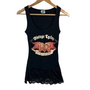 VTG Y2K Lace Trim Tank Top S Black Moto Emo Indie Wifebeater Ribbed Heart Wings